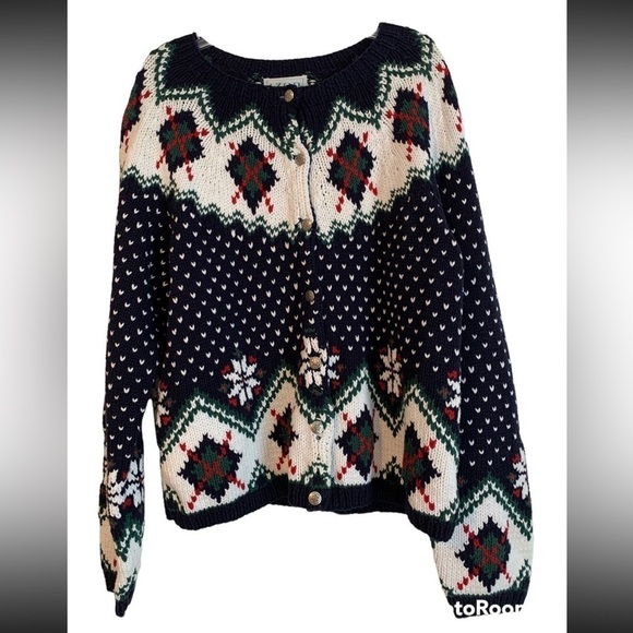 Izod Sweaters - Vintage IZOD Hand Knit Sweater Argyle Button Up Cardigan Womans Size Medium